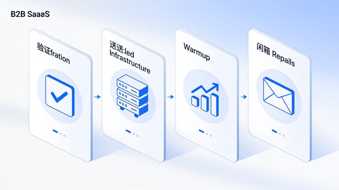 Outbound workflow illustration showing contact data moving through verification, sending infrastructure, warmup, and replies.