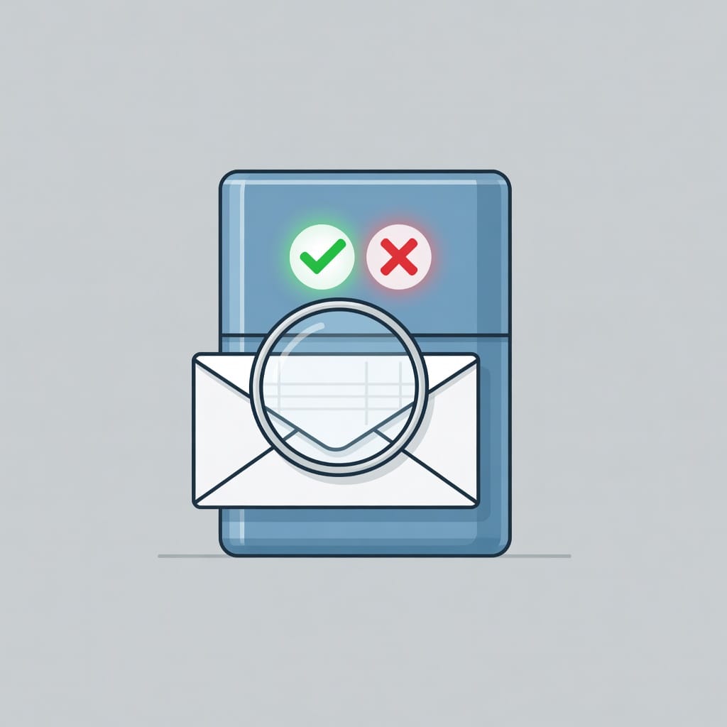 Mail server inspecting an envelope with magnifying glass for spam detection
