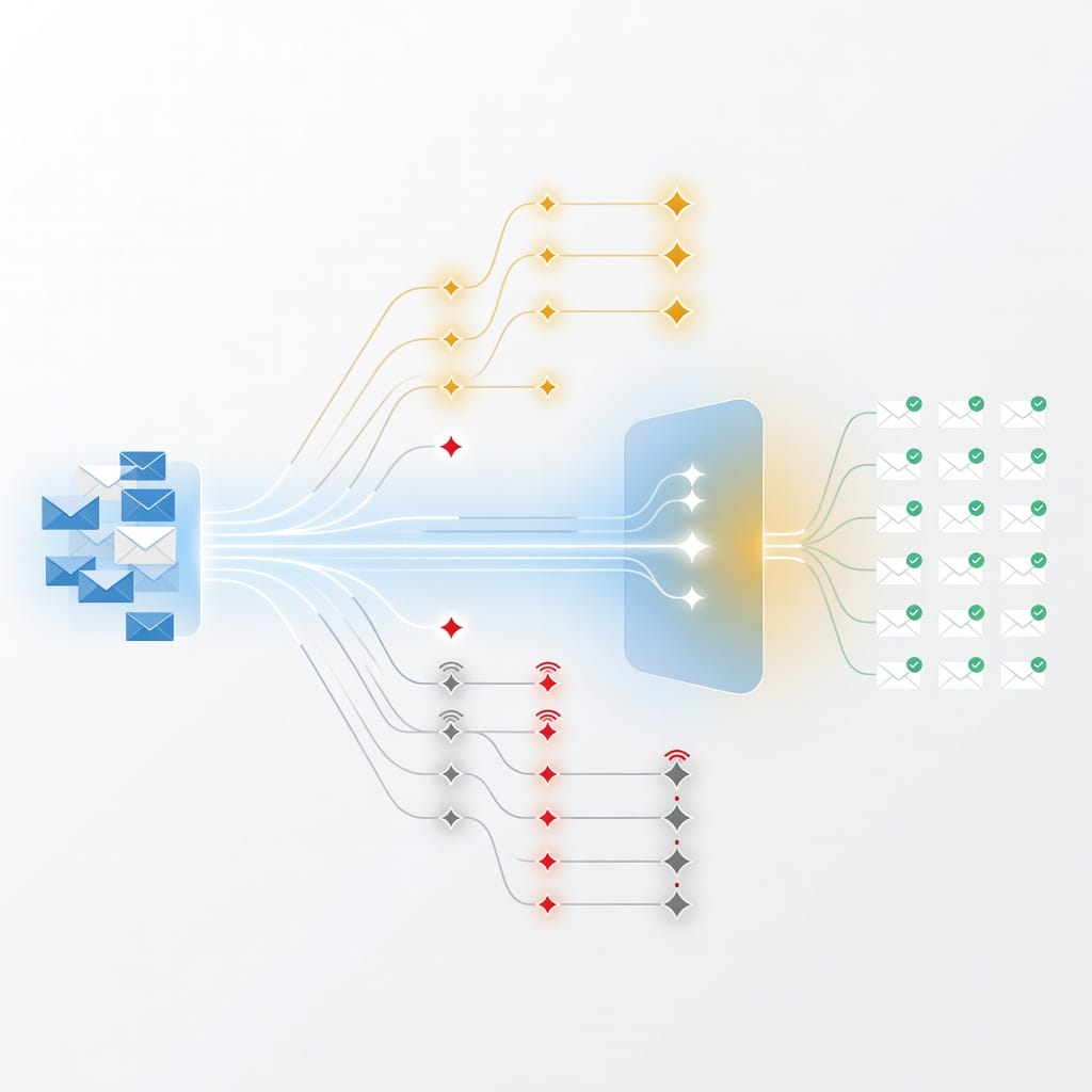 Conceptual email deliverability pathways illustration