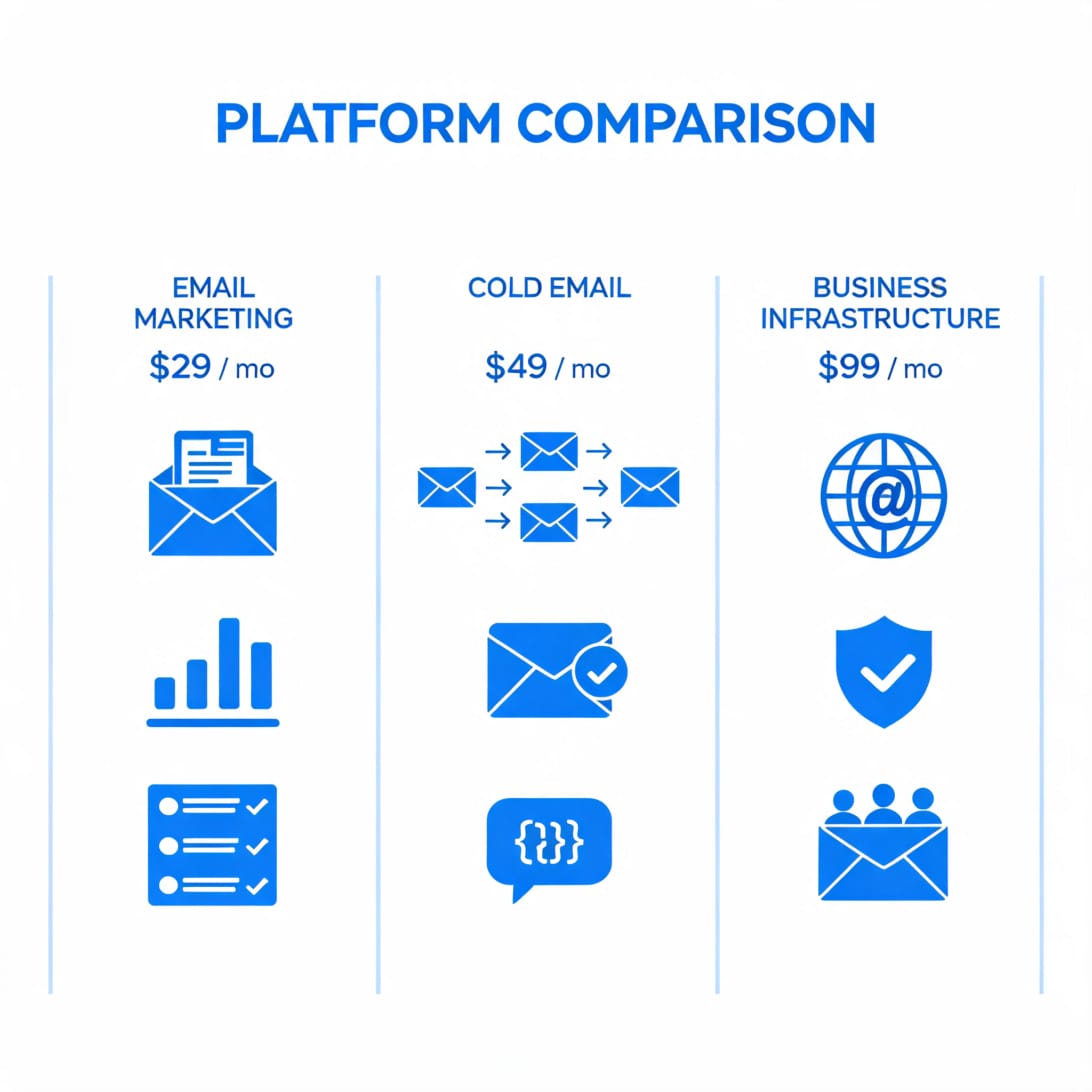Comparison of email marketing platforms, cold email tools, and business email infrastructure with pricing and feature icons