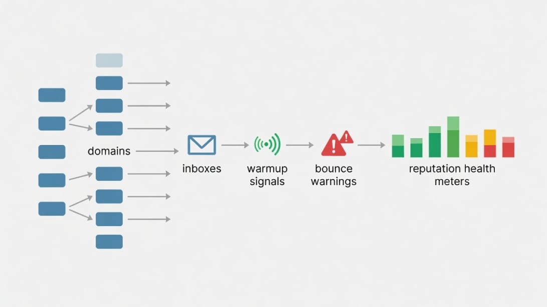 Email deliverability risk diagram with domains, inboxes, warmup signals, and reputation health meters