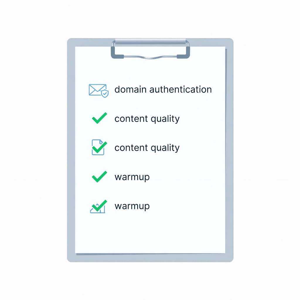 Email deliverability checklist with completed items for authentication, content, and warmup