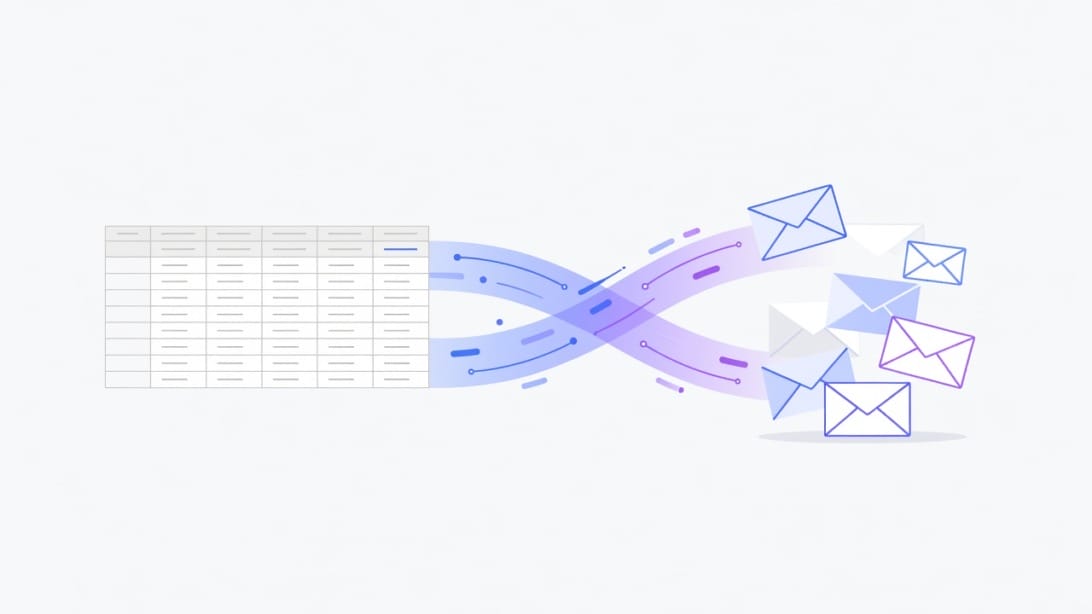 Mail merge workflow showing spreadsheet data becoming personalized emails and letters