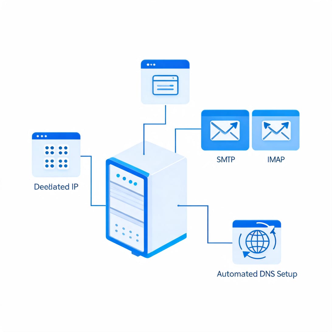 Dedicated business email infrastructure with server, dedicated IP, SMTP IMAP, webmail, and automated DNS setup