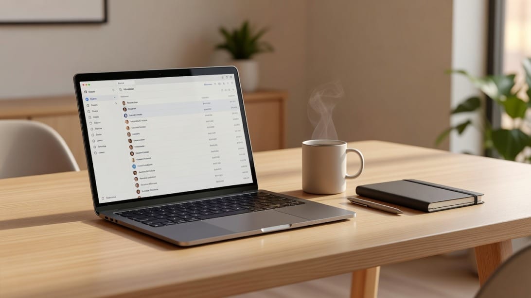 Meeting request email setup - laptop and notebook on a professional desk