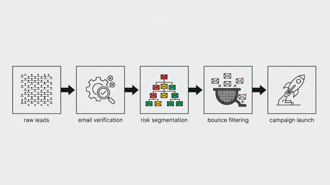 Workflow illustration showing lead verification, risk segmentation, bounce filtering, and campaign launch.