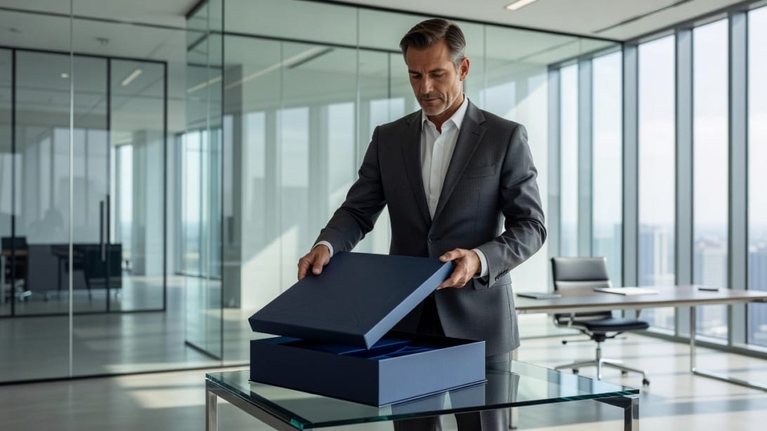 Executive opening a direct mail package in a modern glass office