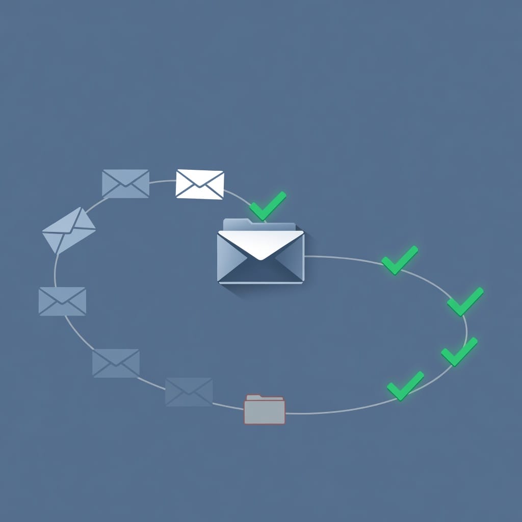 Email deliverability illustration showing emails flowing into inbox with green checkmarks