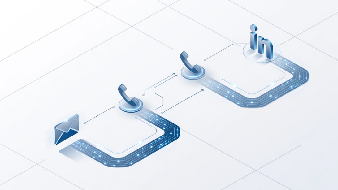 Conceptual illustration of multi-channel outbound cadence with email, phone, and LinkedIn icons