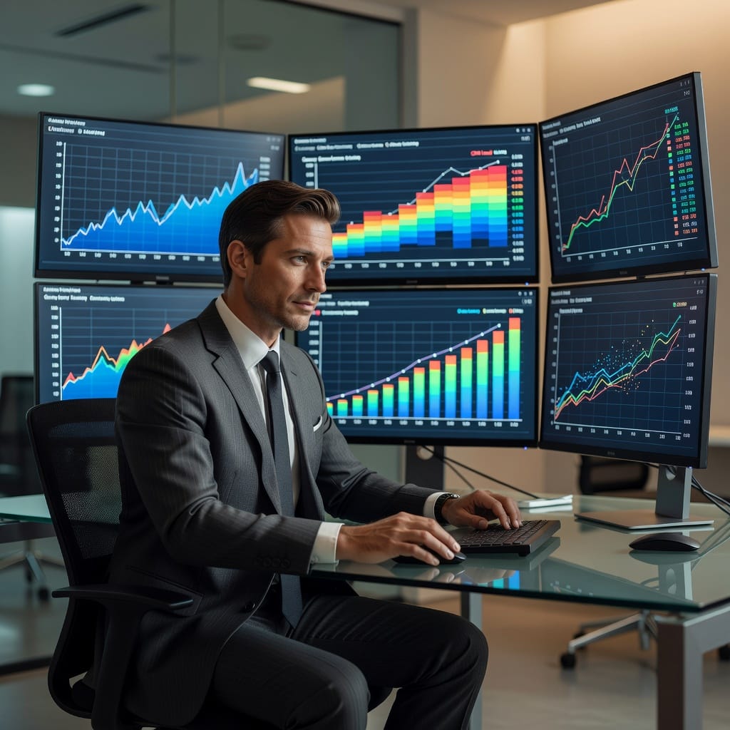 Sales professional analyzing outbound lead generation metrics on multiple screens