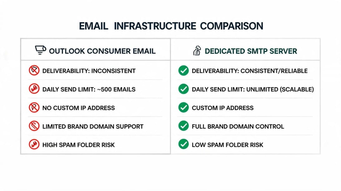 Email infrastructure comparison showing Outlook consumer email limitations versus dedicated SMTP server infrastructure for reliable business email delivery
