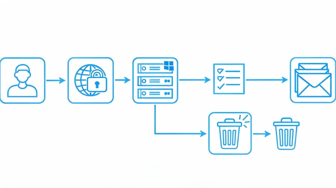 Email delivery troubleshooting flow diagram for Outlook showing how incoming emails pass through authentication, junk filtering, rules, and into the inbox