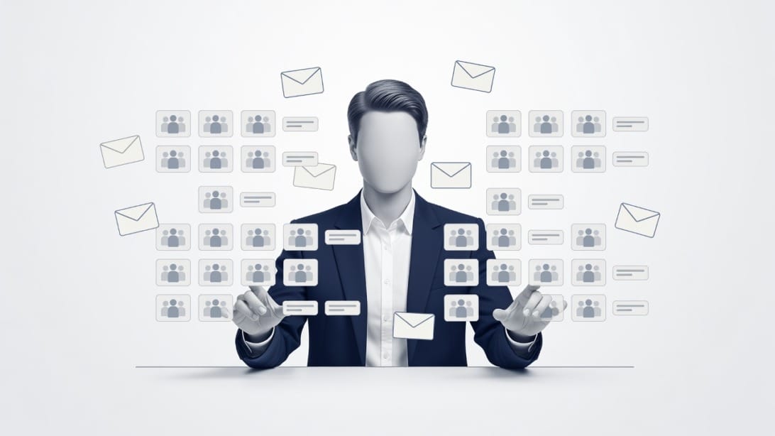 Illustration of Outlook contacts being organized into email groups.