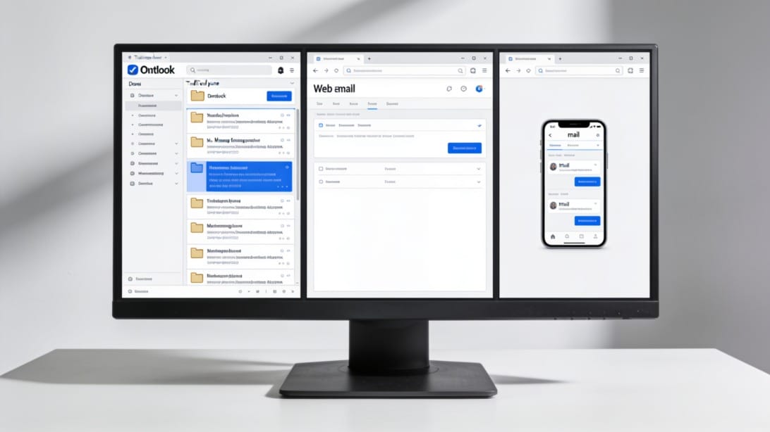 Illustration comparing message list layouts across desktop, web, and mobile email clients.