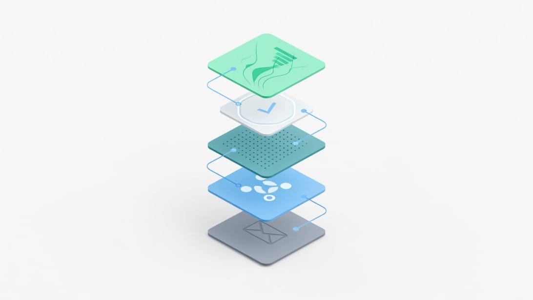Illustration of an outreach tools stack connecting email, CRM, lead data, verification, and analytics.