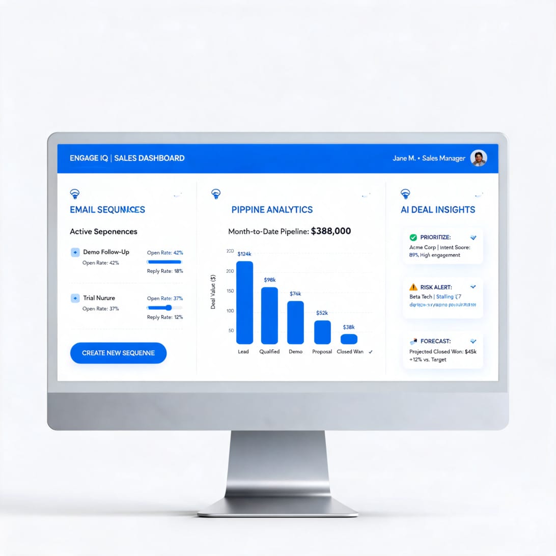 Outreach.io sales engagement platform dashboard showing email sequences, pipeline management, and AI-powered deal insights