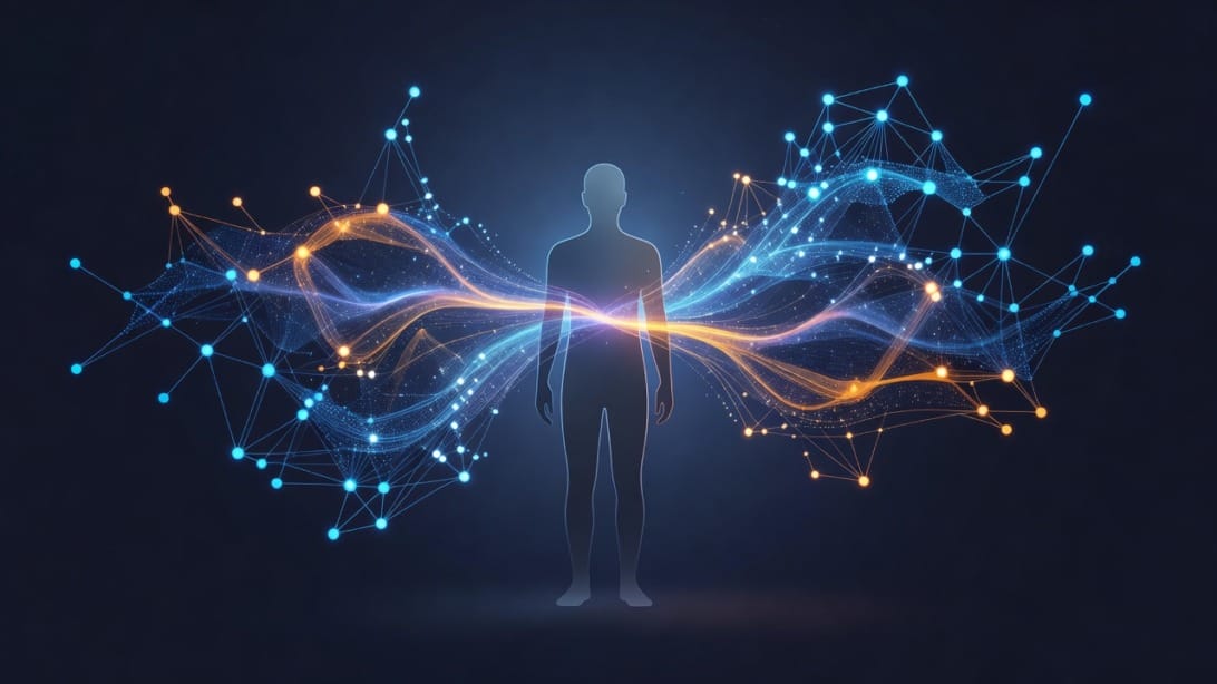 Abstract visualization of AI and human connection with glowing digital network nodes
