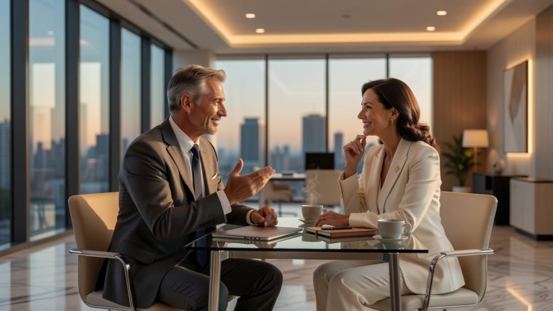 A salesperson having a personal conversation with a client in a modern office setting