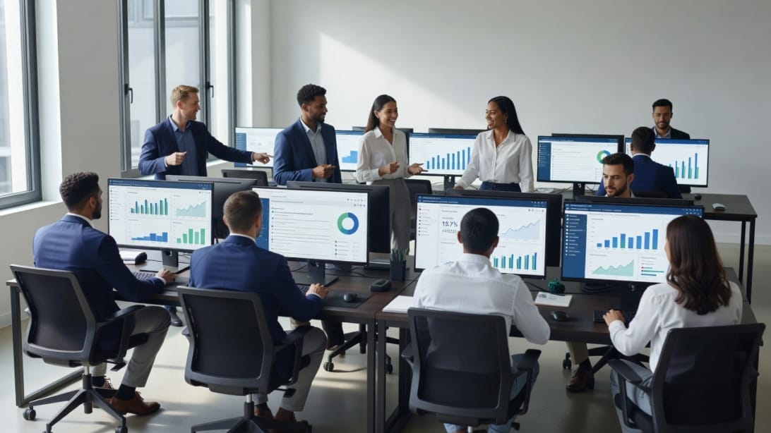 A modern sales team working with multiple monitors showing email and analytics dashboards