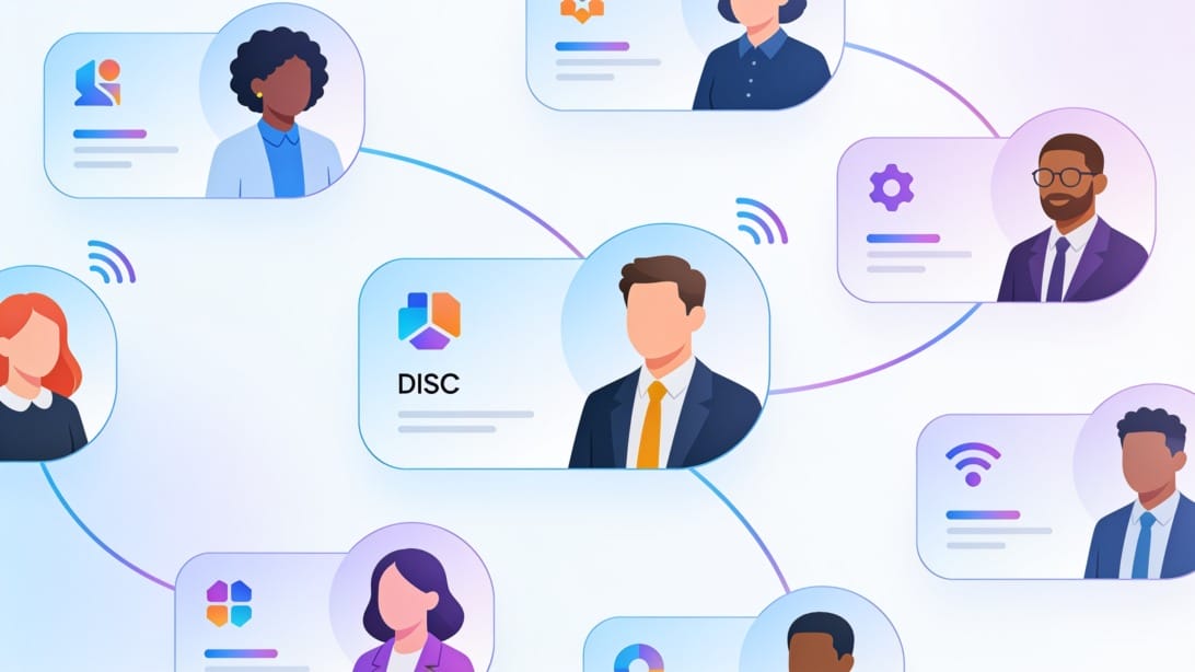 Abstract illustration of personality profile cards connected to communication-style signals for business personalization.