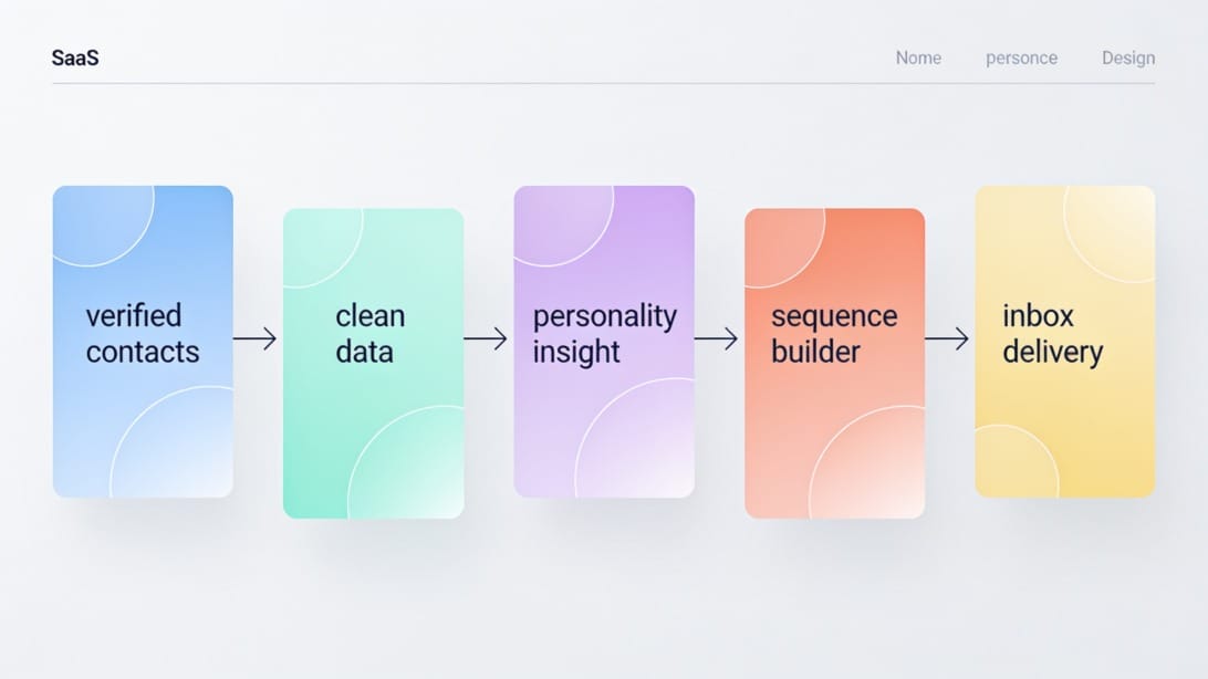 Workflow illustration showing verified contact data, personality insights, sequencing, and inbox delivery for personalized outreach.