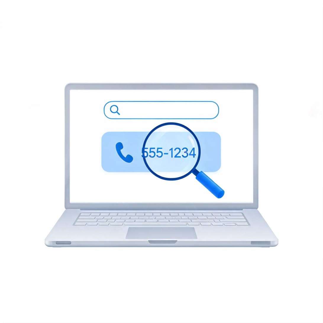 Phone number search interface illustration showing a laptop with a magnifying glass over a contact card, representing phone number lookup tools