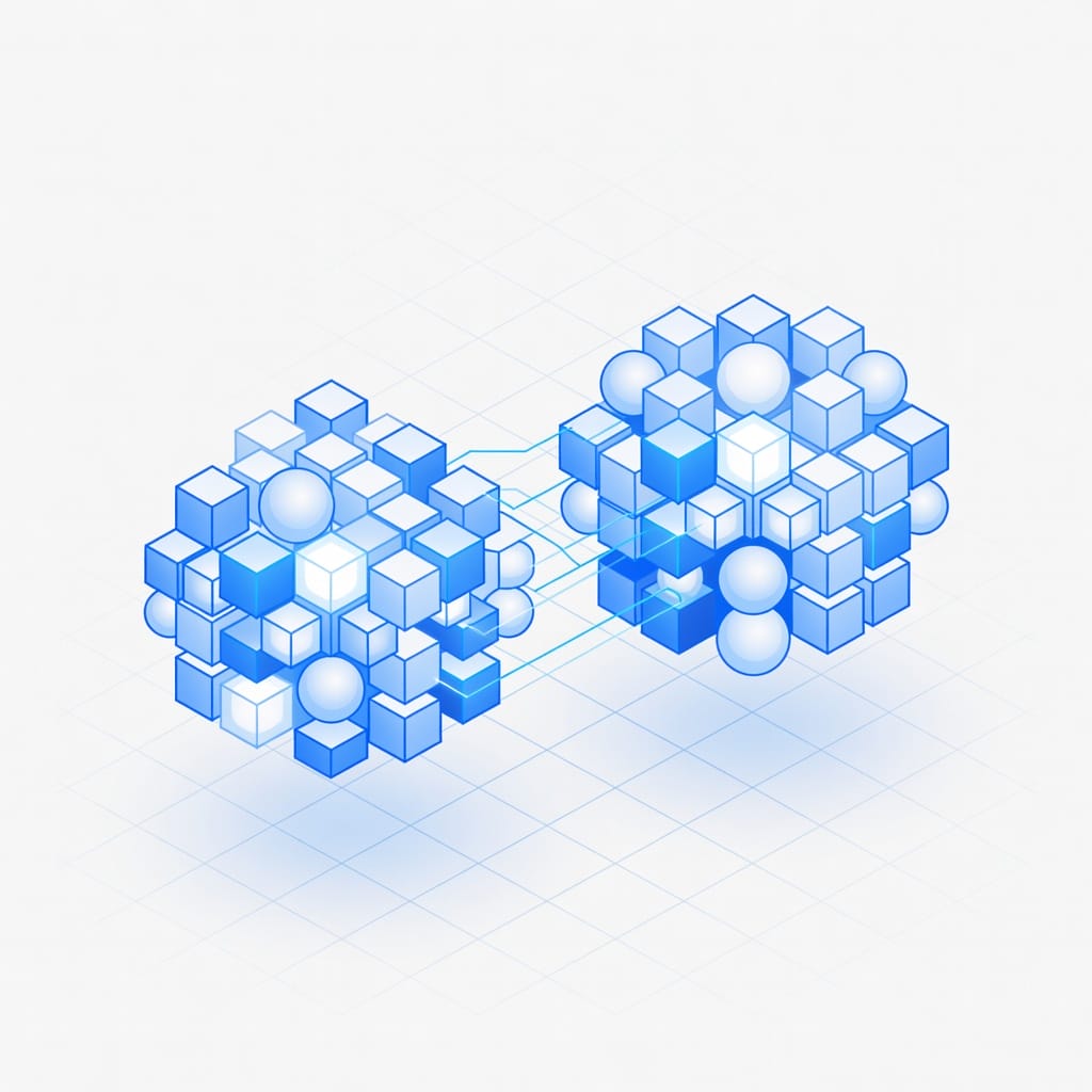 Abstract illustration of two private market intelligence databases represented by connected geometric data clusters, no text or logos