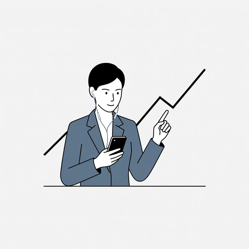 Professional listening to sales podcast and viewing growth chart
