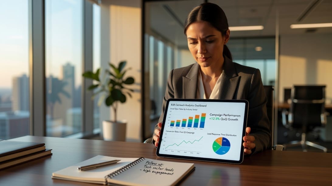 Professional reviewing email outreach analytics and campaign performance
