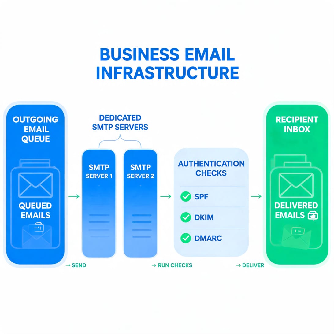 Business email infrastructure diagram showing queued emails moving through dedicated SMTP servers, SPF, DKIM and DMARC authentication toward inbox delivery