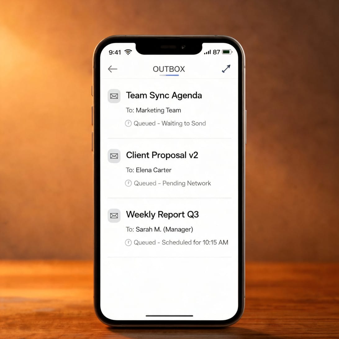 A modern email app showing queued messages waiting in an outbox with delivery status indicators