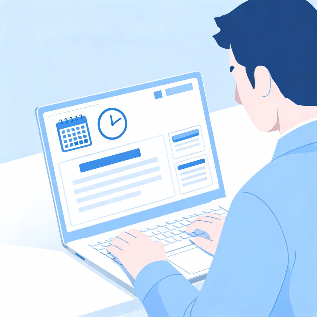 Professional writing a polite reminder email on laptop with calendar, clock icons, and email templates visible