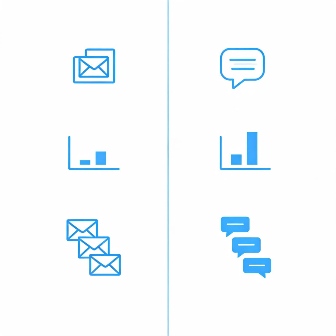 Comparison of email and LinkedIn as communication channels for reminders with icons for inbox, message, response rate, and follow-up sequence