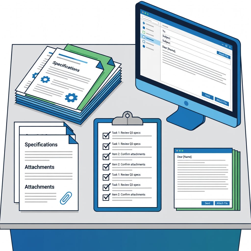 Business workspace with documents and email composition for quote requests
