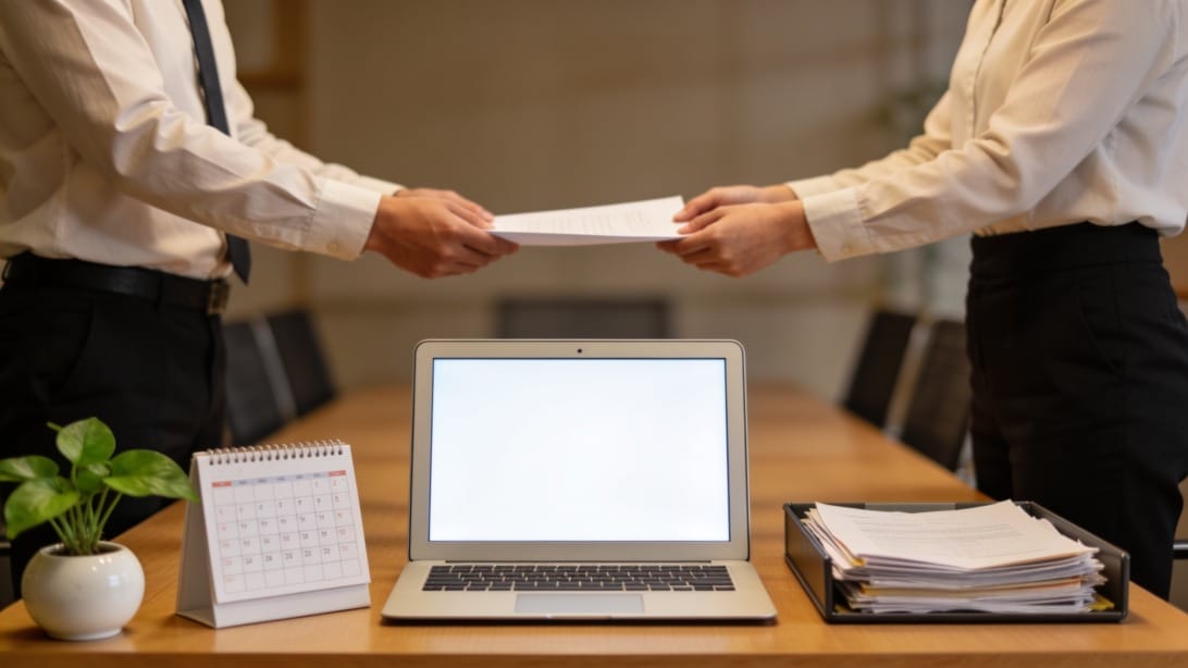 Organized workplace handoff materials for a professional resignation transition