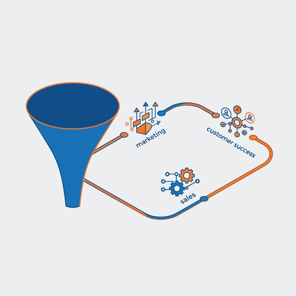 Conceptual diagram showing Sales Ops focusing on the sales funnel versus RevOps encompassing marketing, sales, and customer success in a continuous loop
