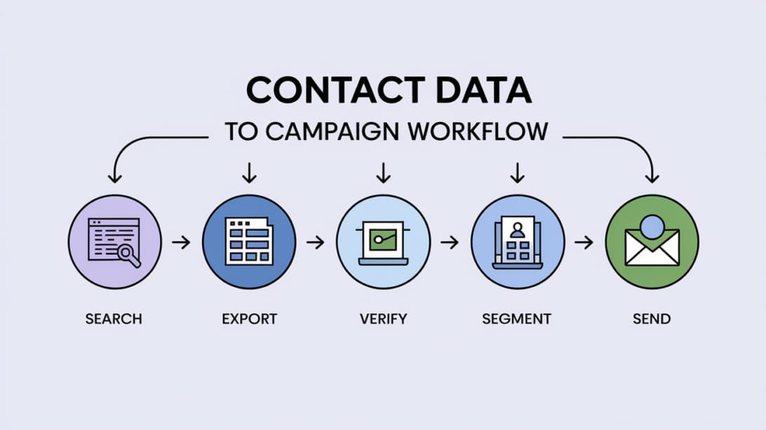 Diagram showing the five-stage workflow from RocketReach contact search to verified email sending