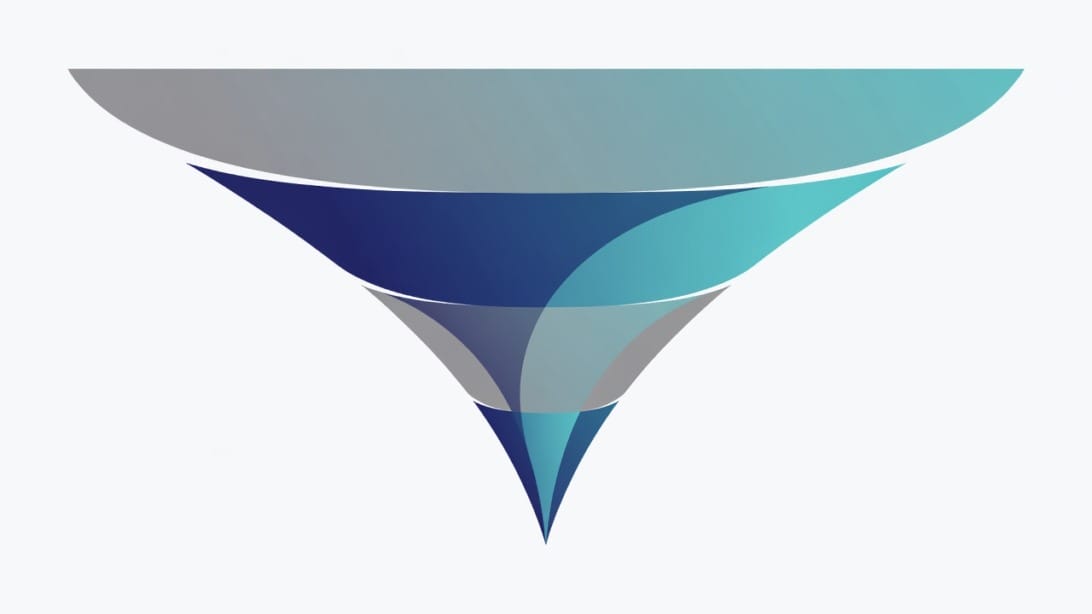 Abstract 4-stage SaaS demand generation funnel workflow diagram with flowing geometric shapes in navy teal and gray