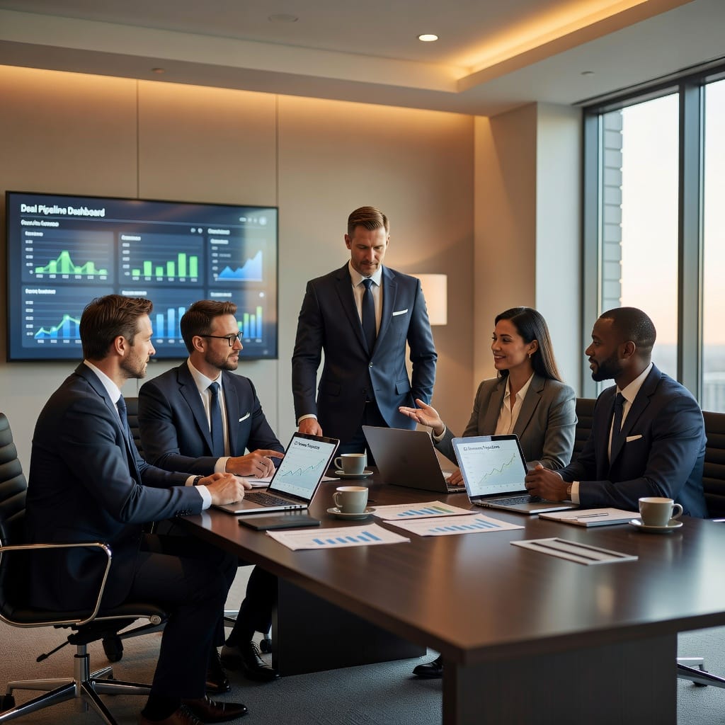 Sales team discussing a deal in a modern conference room
