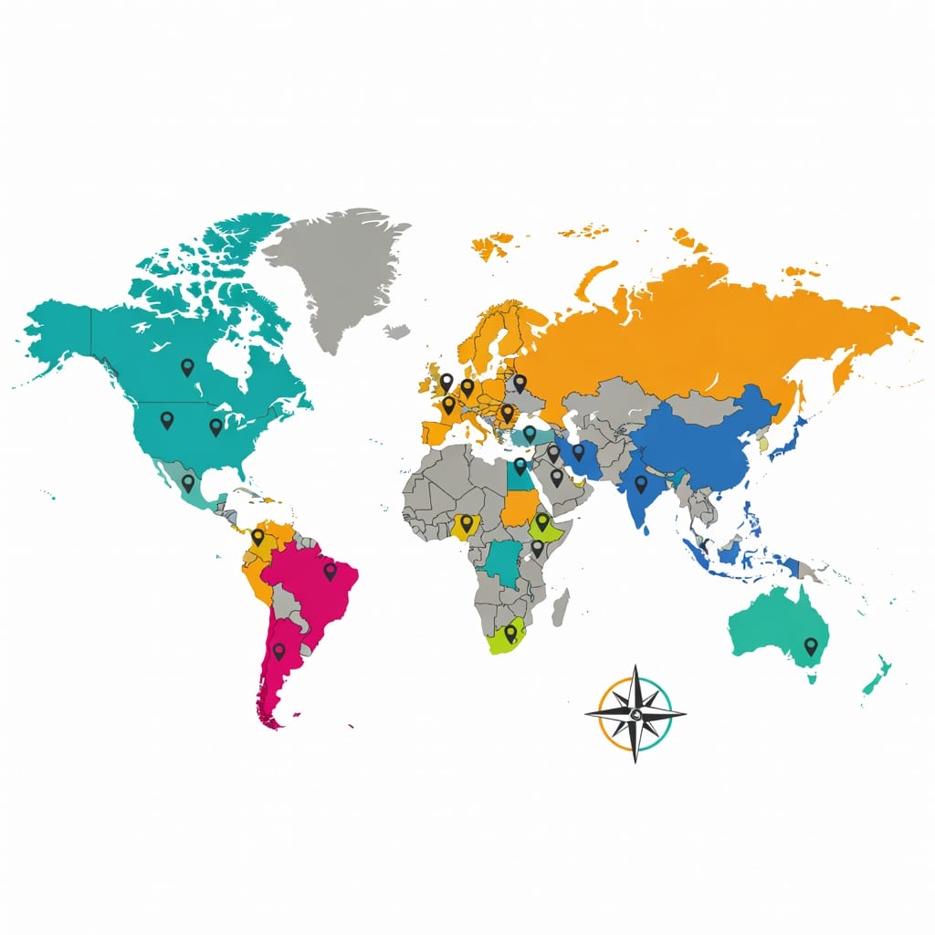 Colorful world map divided into sales territories with boundary lines, customer pins, and market regions for territory planning