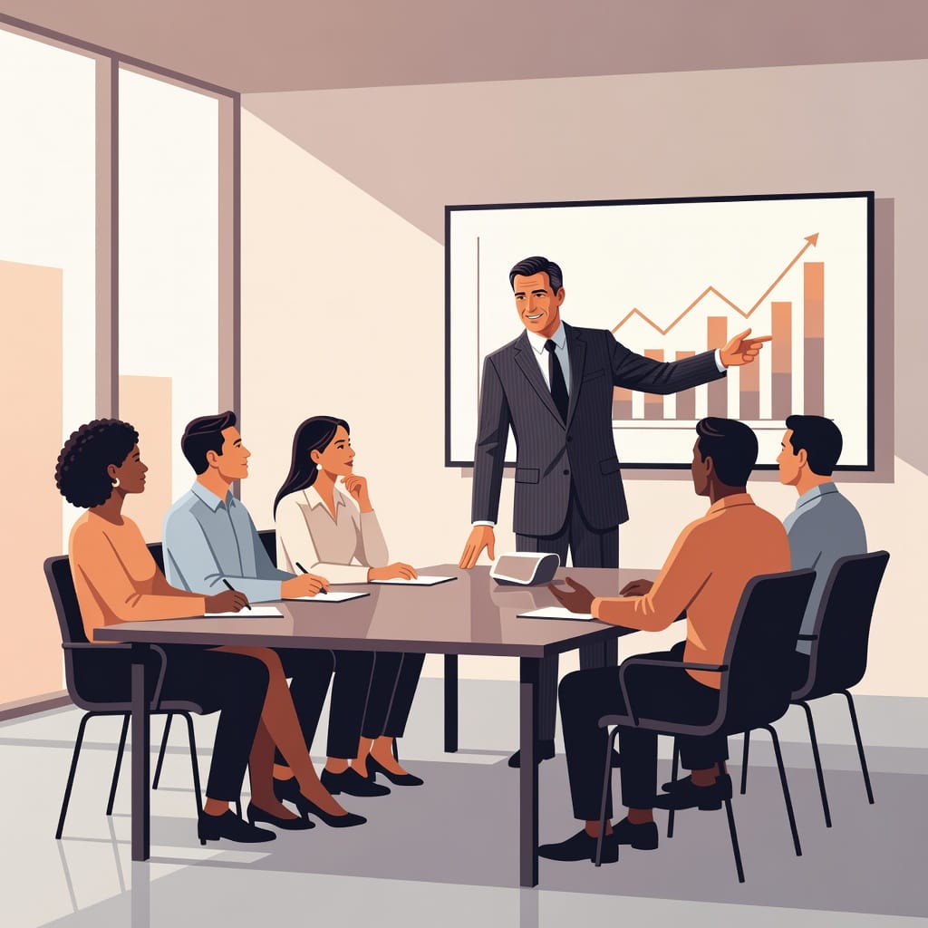 Salesperson demonstrating a product to prospects in a modern conference room