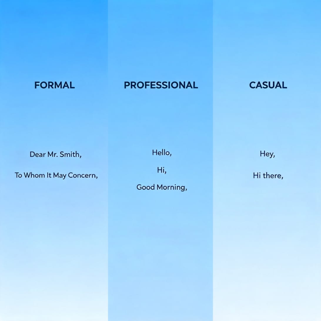 A visual guide to email salutations showing the spectrum from formal to casual with examples for each tone level.
