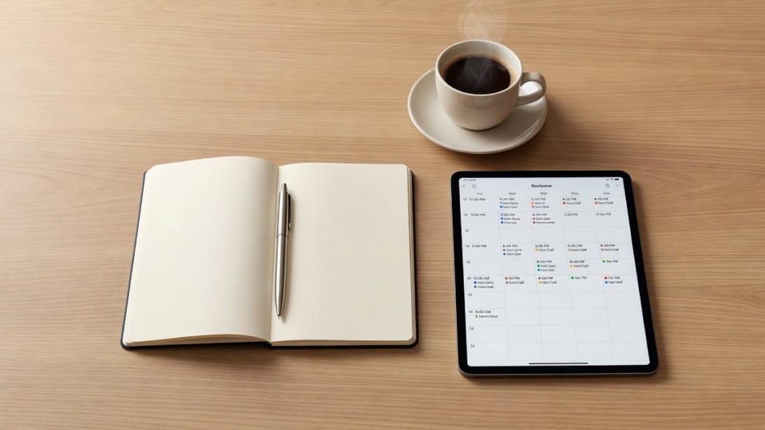 Schedule a meeting email template - professional desk with calendar and email