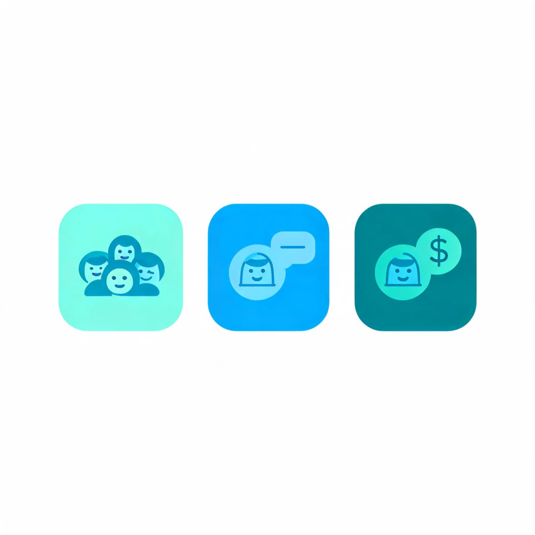 Comparison illustration showing AI tools including a multi-helper AI platform with avatar circles, a single AI chatbot icon, and a sales-focused AI icon arranged side by side