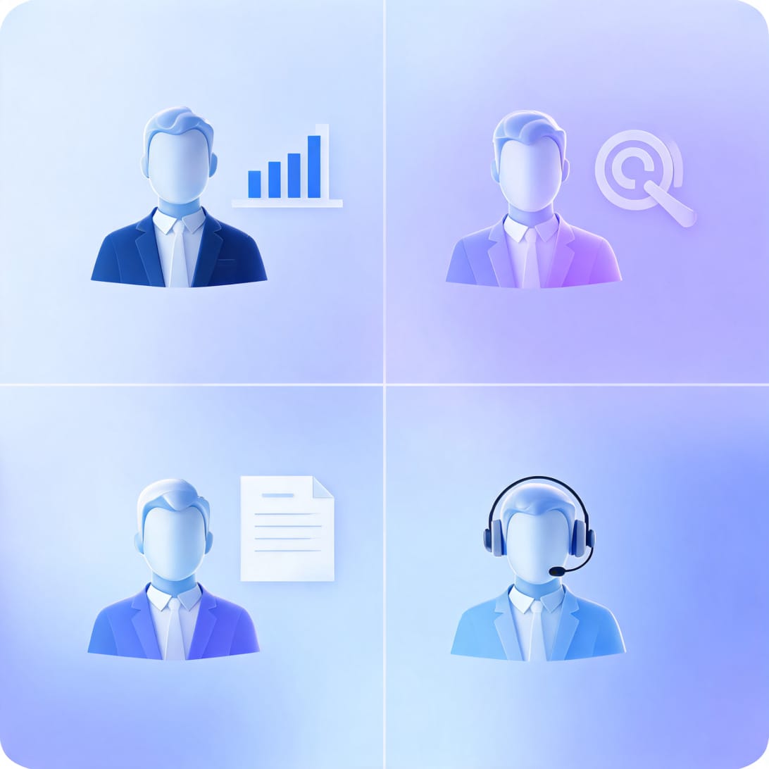 Sintra AI interface illustration showing a dashboard with multiple AI helper avatars representing different business roles like sales, SEO, writing, and support arranged in a modern grid layout