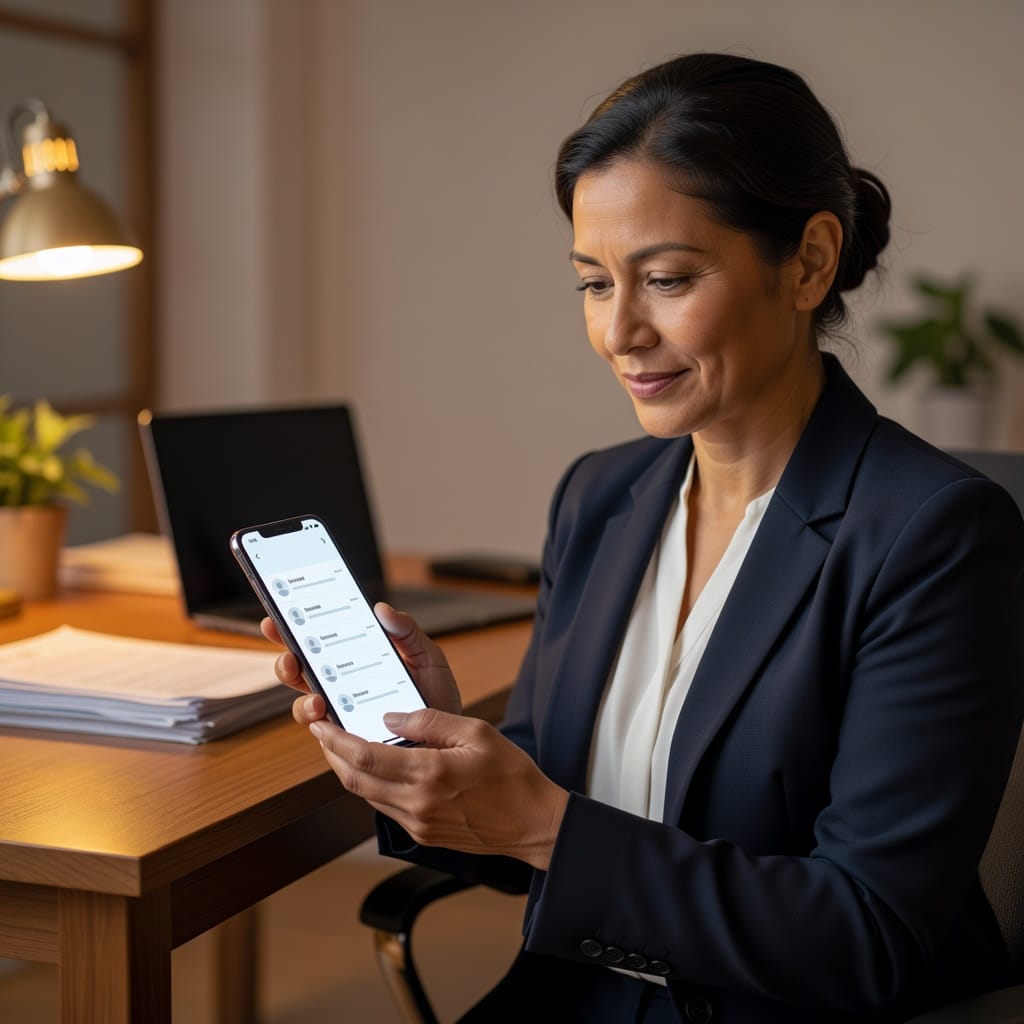 Small business owner checking email notifications on smartphone