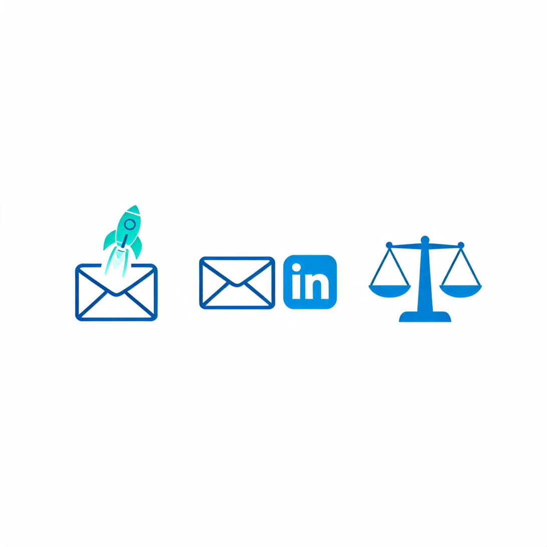 Comparison illustration showing email outreach tools including an email icon with a rocket for deliverability, a multi-channel icon with email and LinkedIn symbols, and a scale icon for comparison