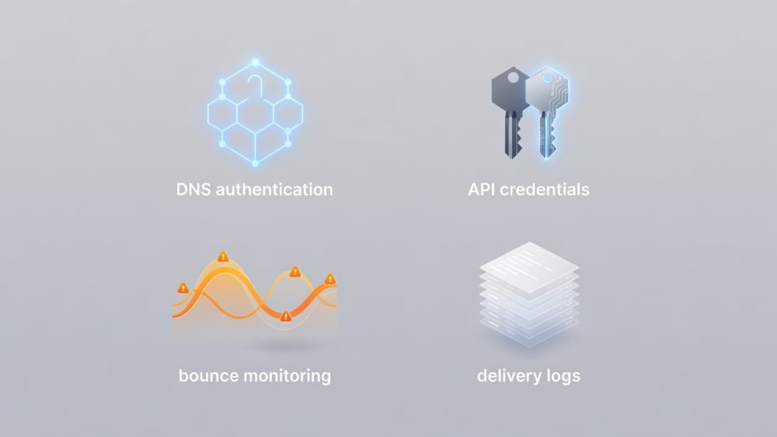SMTP setup checklist covering DNS authentication API credentials bounce monitoring and delivery logs