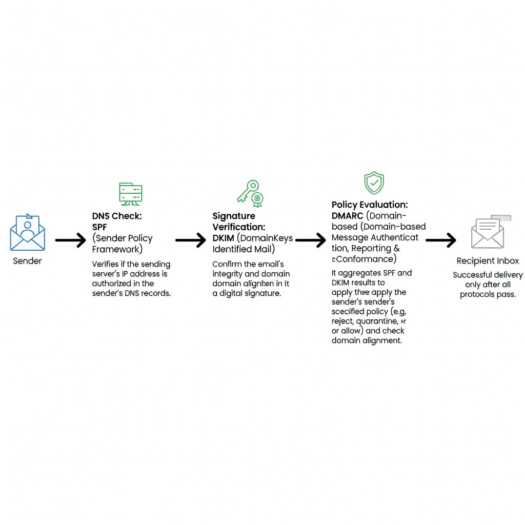 SPF DKIM DMARC email authentication flow diagram showing how sender identity verification works
