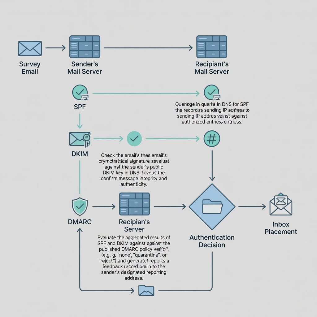 Email authentication flow with SPF DKIM and DMARC for survey campaigns
